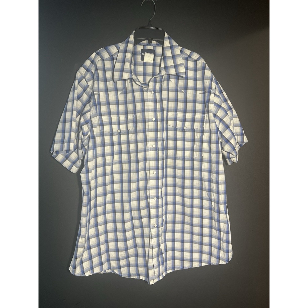 Wrangler Pearl Snap Shirt Men's XXL Blue Plaid Western Short Sleeve Cotton Top - Picture 1 of 3